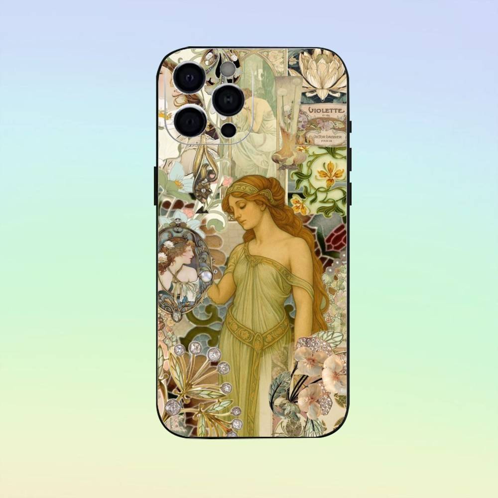 Vintage A-Alphonse Mucha Phone Case For iPhone 17, 16,15,14,13,12,11, Others Soft Silicone Black Cover