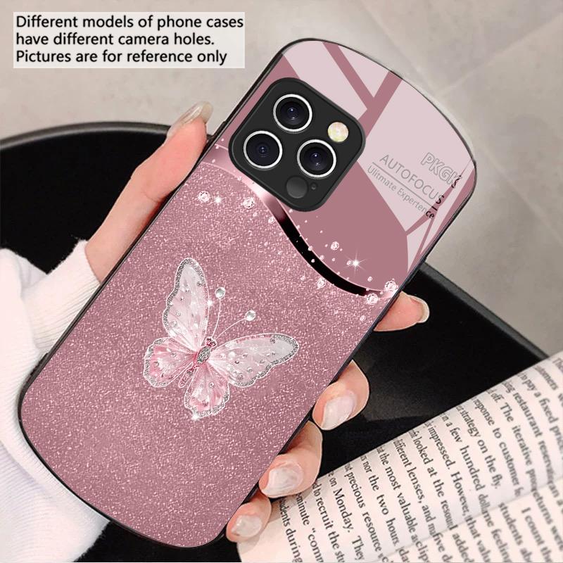 Gradient Diamond Butterfly For IPhone 16 Pro Max 16e 15 Pro 14 13 12 Mini 11 XS Max XR 7 8 Plu SE 22 Elliptical glass phone case