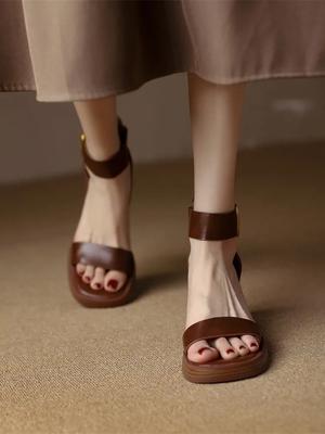 Ретро босоножки с одним ремешком для женщин на среднем каблуке, летние туфли на высоком каблуке с толстым каблуком