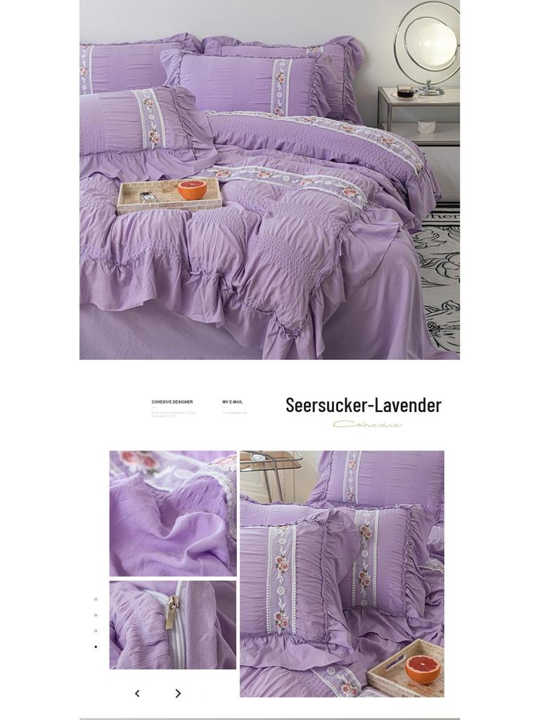 French Seersucker Embroidered Lace Duvet & Sheet Set, 3-Piece Bedding