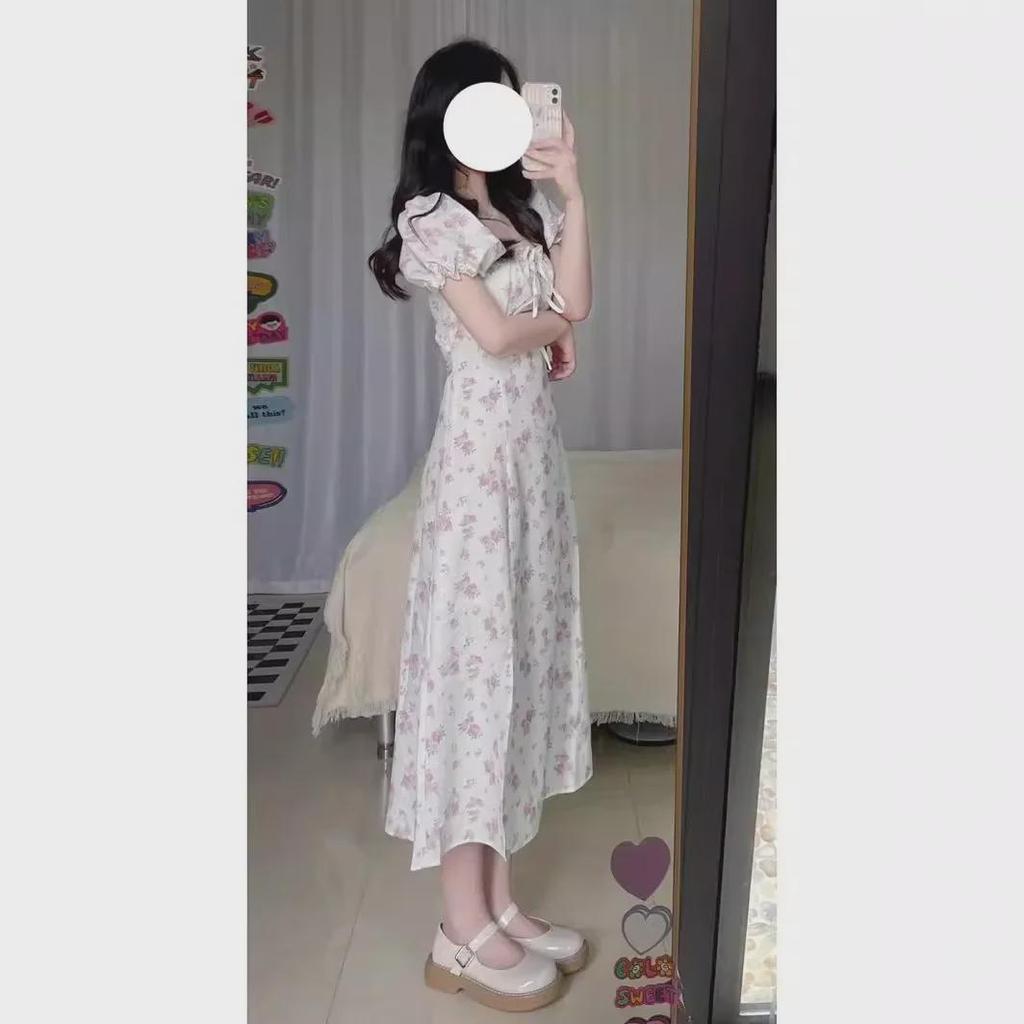 2024 Лето Французский Ретро Цветочный Буфы Рукава Шнуровка Талия Утягивающее Платье