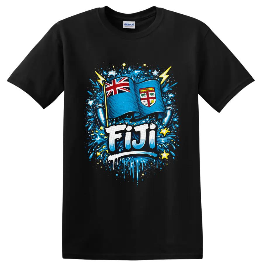Fiji Flag T Shirt w/ Island Crest Blue Splash Patriotic Travel Graphic Art Tee