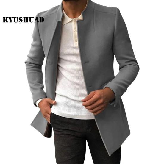 Men Suit Coat, Solid Color, Slim Fit, Single Breasted, Thicken, Trench Coat, Autumn Winter, Windproof, Woolen Jacket