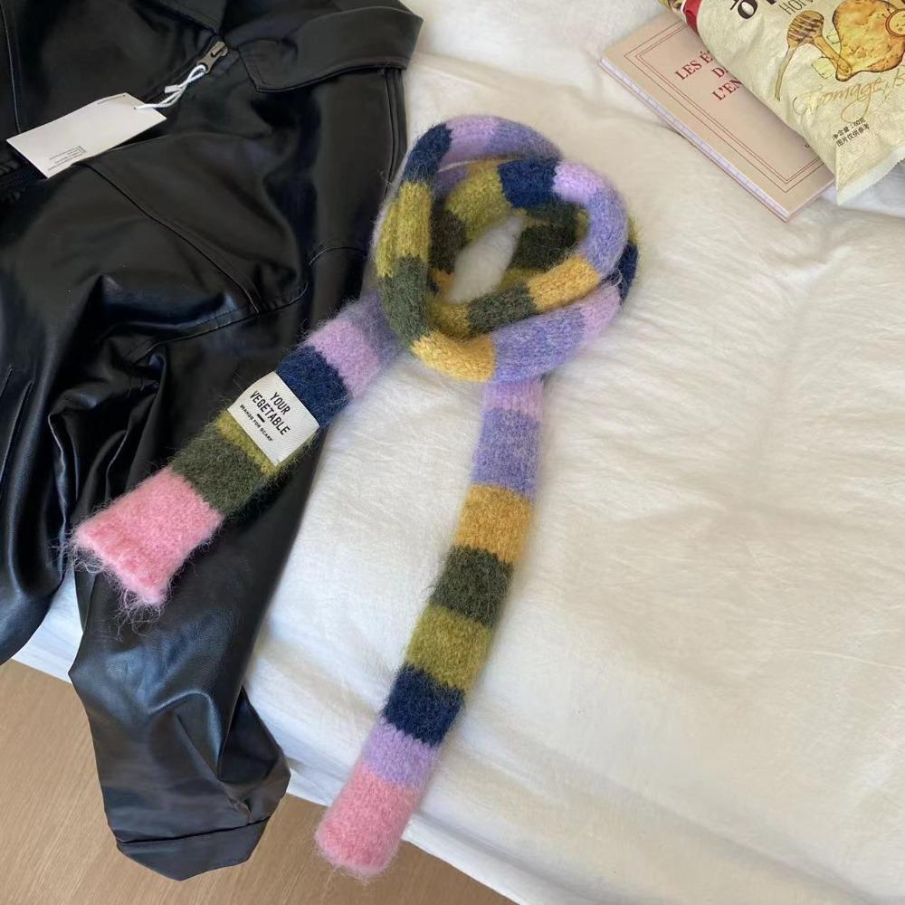 Knitted Wool Sausage Thin Scarf With Warm Color Splicing Contrast Rainbow Color Scarf Winter