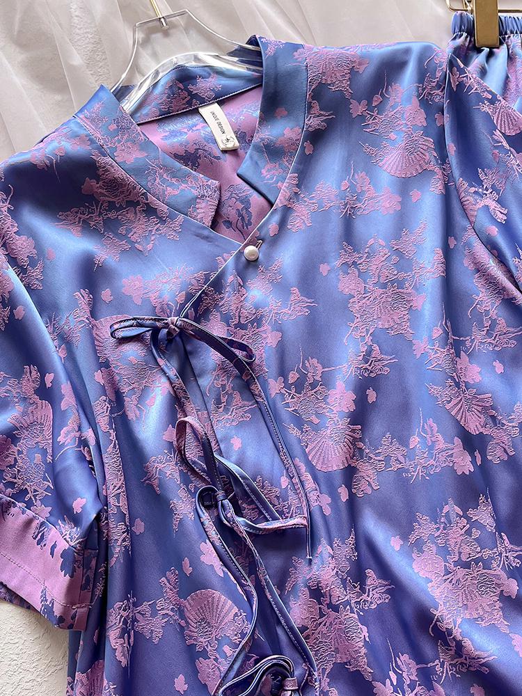 New Women's Spring/Summer Jacquard Silk Pajamas Set with Frog Buttons - National Style Mulberry Silk Thin Home Wear.