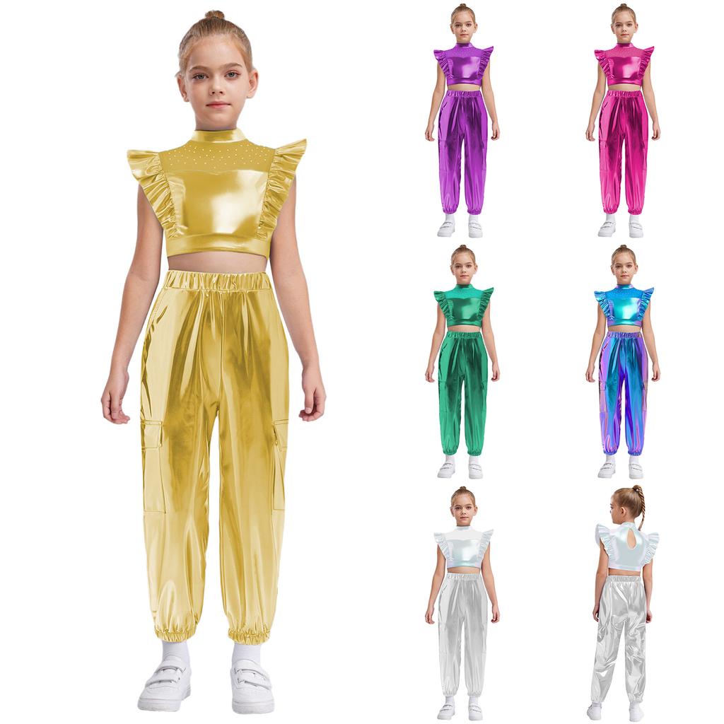 Girls Hip-Hop Dance Costume Mock Neck Rhinestone Mesh Patchwork Sleeveless Metallic Ruffle Top Paired with Shiny Cargo Pants for Competition