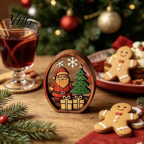 Christmas Mantel Decorations 3Pcs Santa Claus And Tree Ornaments, Wooden Oval Table Tiered Tray Holiday Displays Centerpiece, Solid Wood Desktop