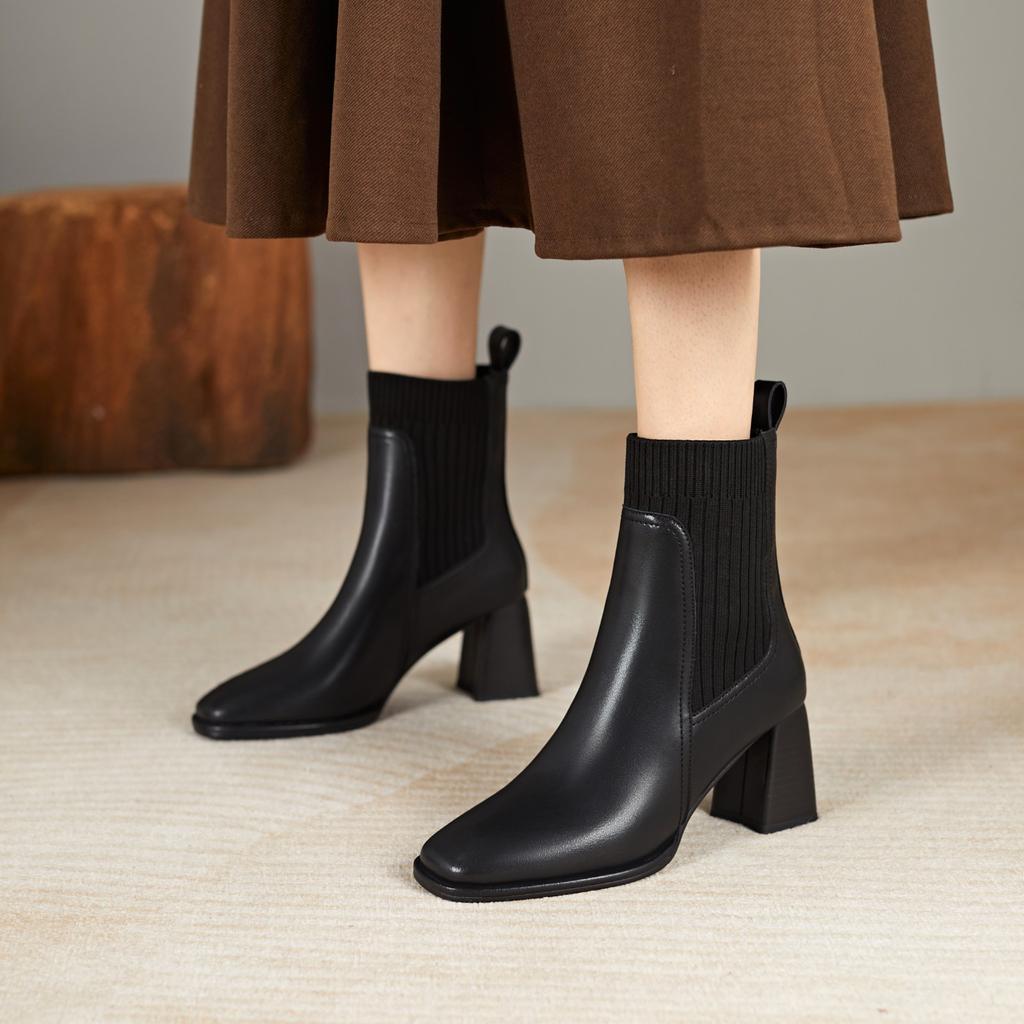 Square Head Leather Surface Fly-woven Socks Leather Boots Women's 2025 Korean Version of the New High-heeled Women's Boots Fashion Elastic Thin Boots