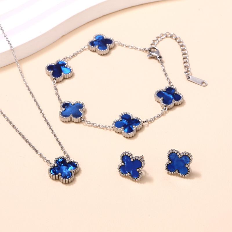 3PCS Double-sided Clover Jewelry Necklace Bracelet Earring Set