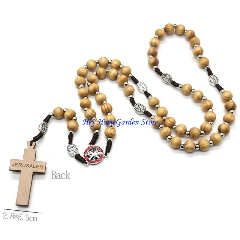 652F Wooden for Cross Rosary Necklaces Bead Hanging Christian Pendant for Women Men Religious Praying Jewelry Gift