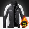 Autumn and winter recreational locomotive splicing leather jacket men's fashion stand-up collar retro thermal leather jacket