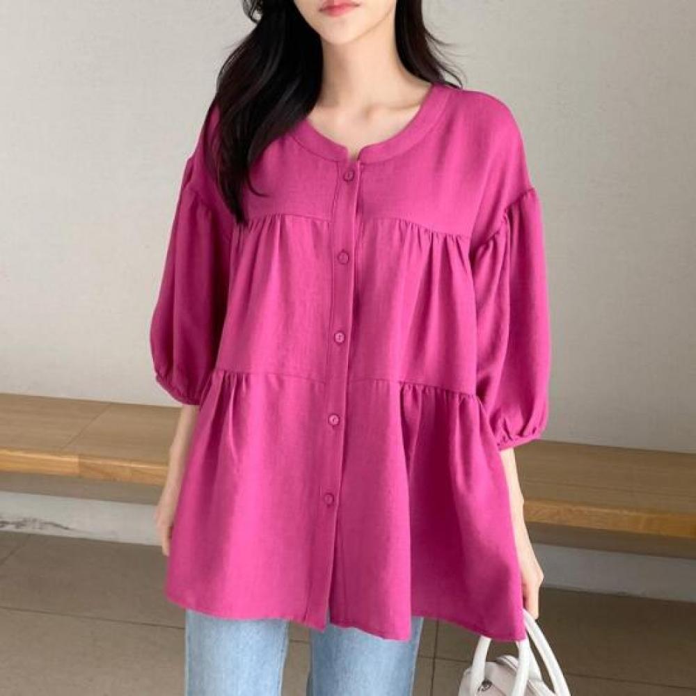 New Arrivals Open Run Frill Tiered Flair Blouse Round Spring Pleat Detail