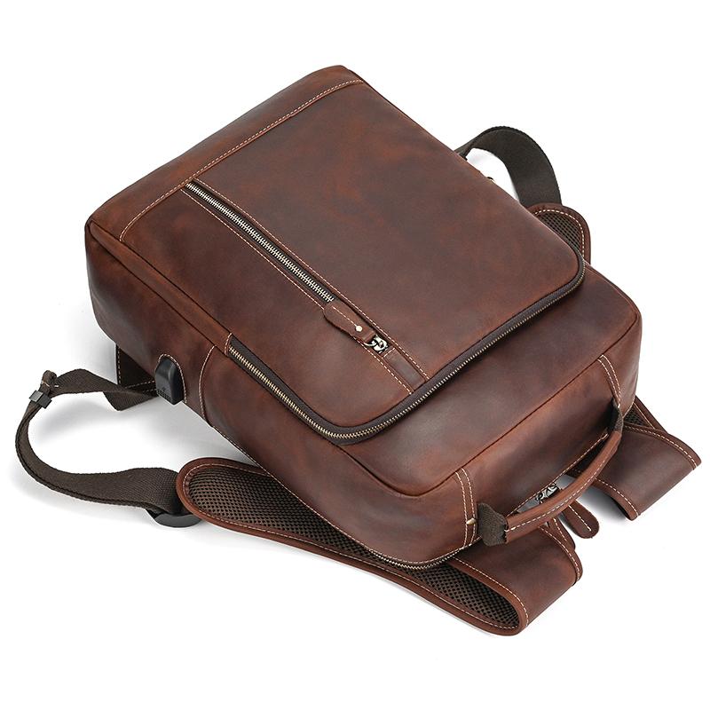 Ретро Мужской Рюкзак из Кожи Crazy Horse Рюкзак для Ноутбука Кожаный Daypack Большой Вместимости Мужской Дорожный Рюкзак с USB-Кабелем