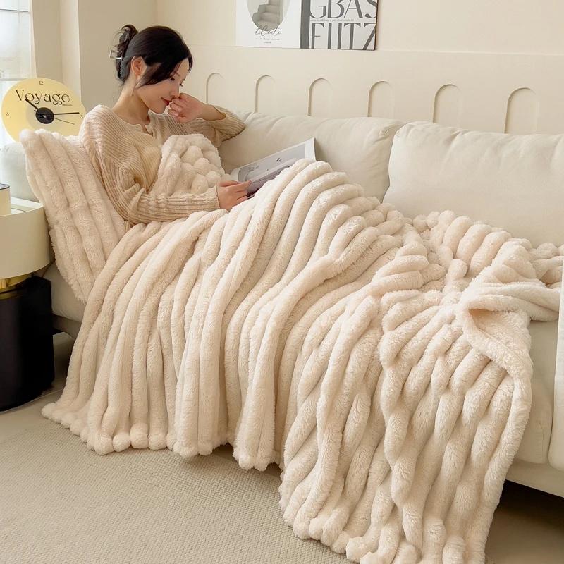 Искусственный кроличий вельвет Однотонное одеяло Скандинавское полосатое Одеяла из фланели для сна Утолщенное теплое Многофункциональное покрывало