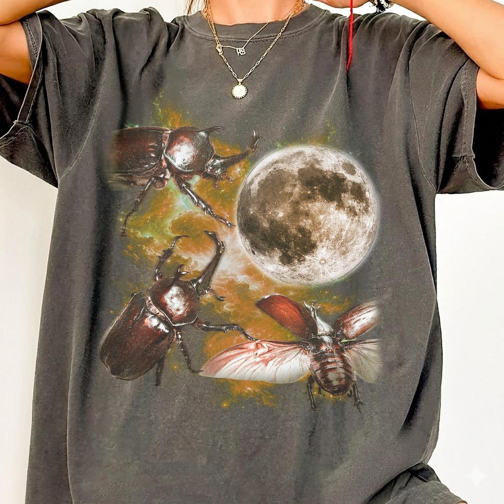 Rhinoceros Beetle T-Shirt, Three Beetles Moon Graphic Tee, Comfort Colors Bug Lover Shirt, Funny Insect Gift For Him, Beetle Lover Tee