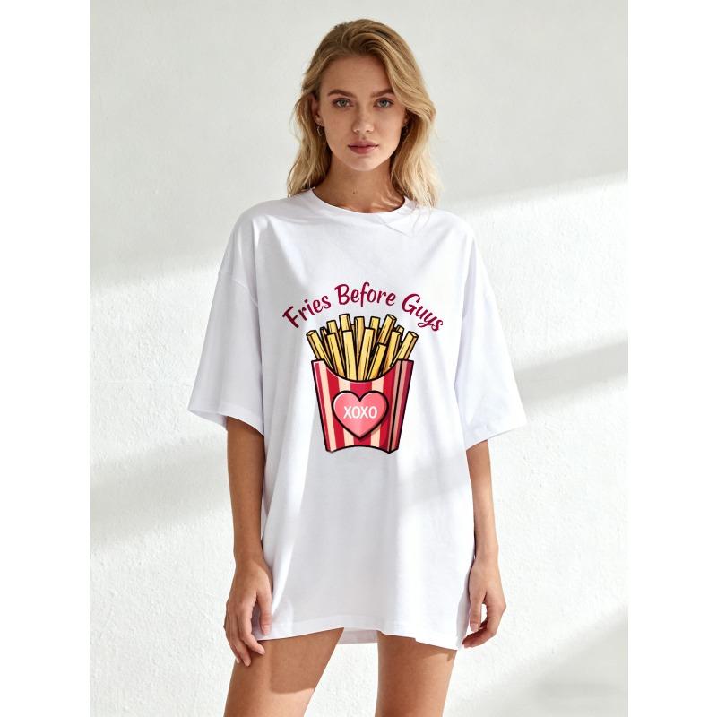 Oversized T Shirt Black Fries Before Guys Graphic With Heart XOXO Print Casual Wear For Women Summer Outfit Street Style Fashion Top