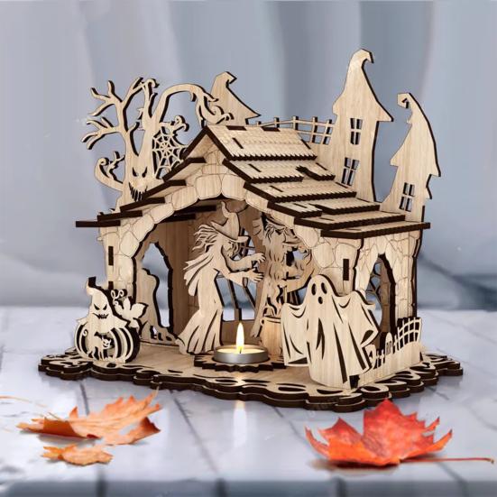 Halloween Candle Holder Spooky Wooden Witch Ghost House Candlestick Decoration for Home Indoor Party Decor