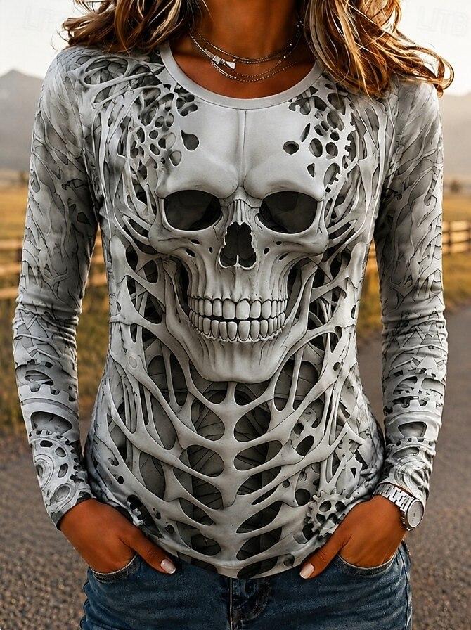 Women Gothic Skeleton Ribcage Graphic Long Sleeve Crew Neck T-shirt Pullover Skull 3D Printed Halloween Festival Gift Clothing