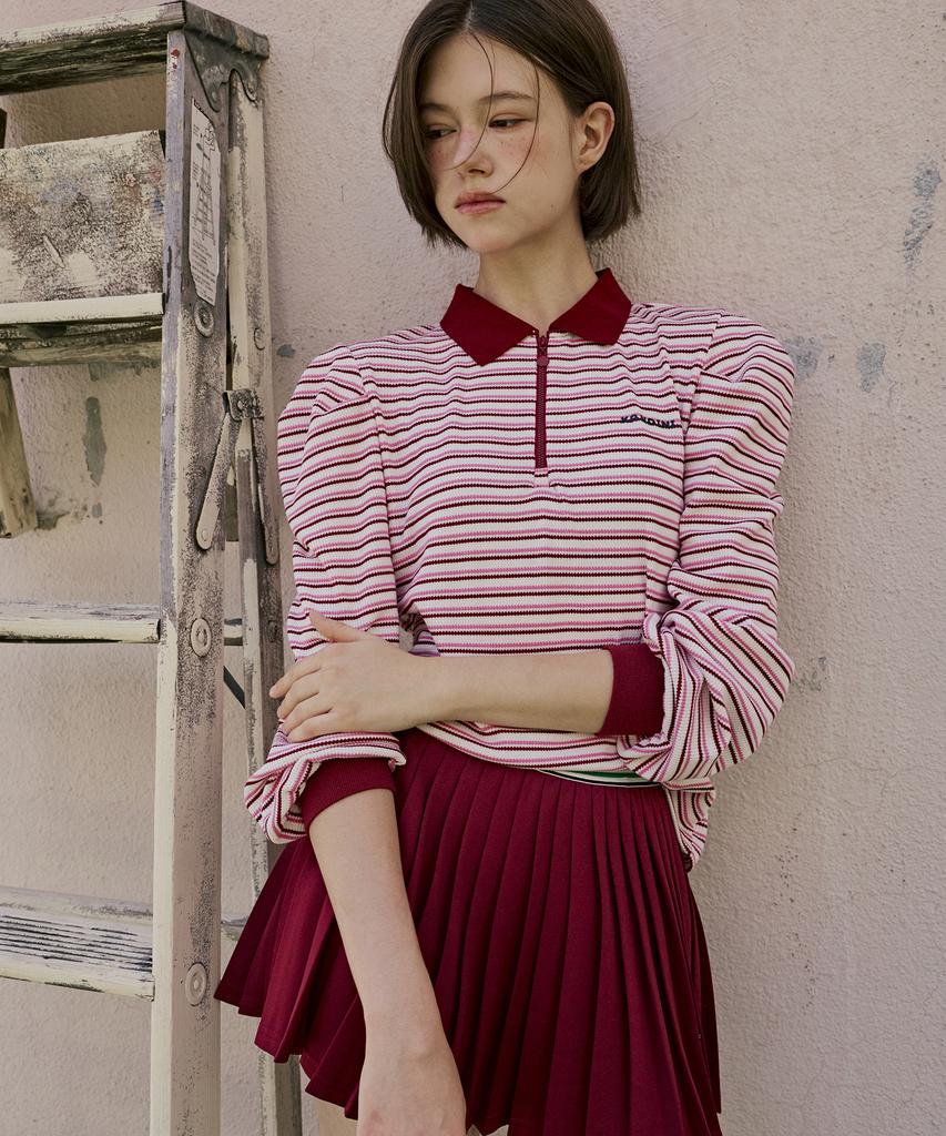 KANDINI Wine Zip-Up Puff Collar Tee