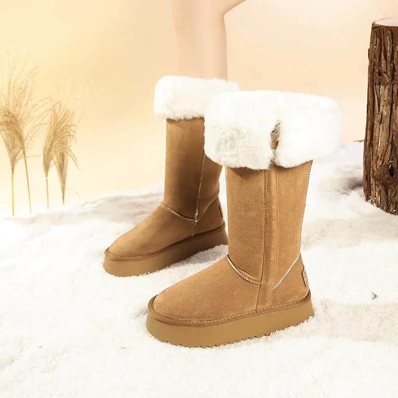 Женская обувь 2024 года, женские ботинки до середины икры, теплые зимние ботинки на платформе, женские с круглым носком, без застежек, с пряжкой