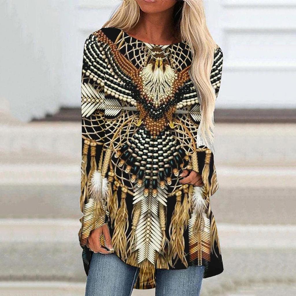 Женская мода Повседневный топ с длинным рукавом в стиле ретро в стиле бохо с длинным рукавом и этническим принтом