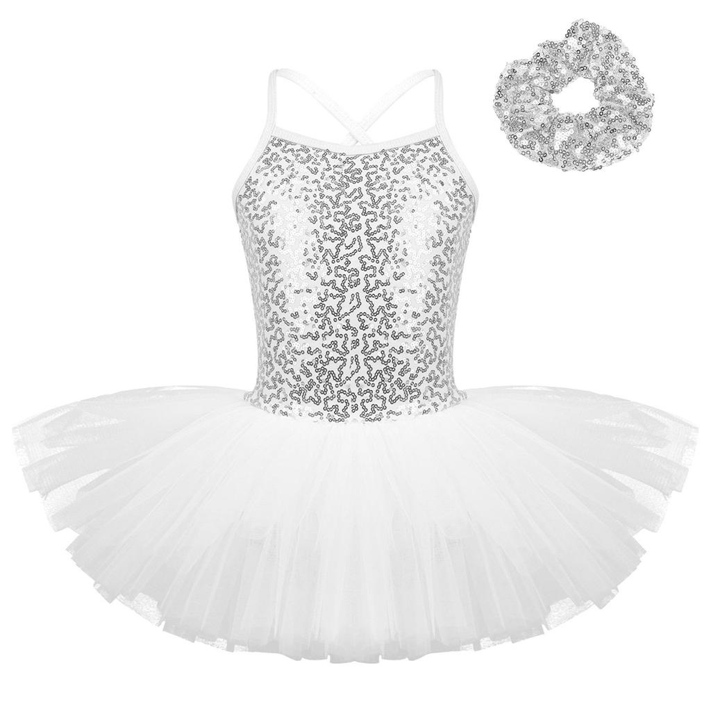 Kids Girls Ballet Dance Performance Costume Sequined Tutu Dress with Hair Tie Headwear