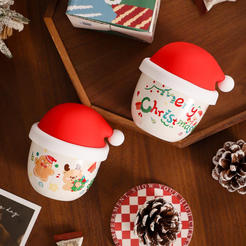 Рождественская креативная мультяшная керамическая кружка, ручная, милая чашка с рождественской шапкой, крышка, кофейная чашка, подарочная коробка, сувенир