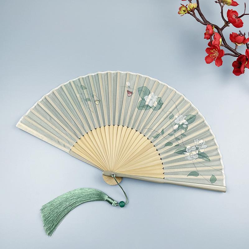 Портативный складной веер из древнего китайского бамбука для Ханьфу и Ципао - Дизайн с гарденией