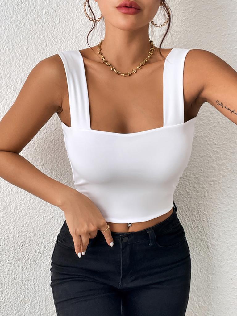 Square Neck Tank Top Wide Shoulder Straps Crop Tops Women Summer Camis Solid Color Camisole Fashion Tube Female Sleeveless Cropped Vest Y2K Clothes