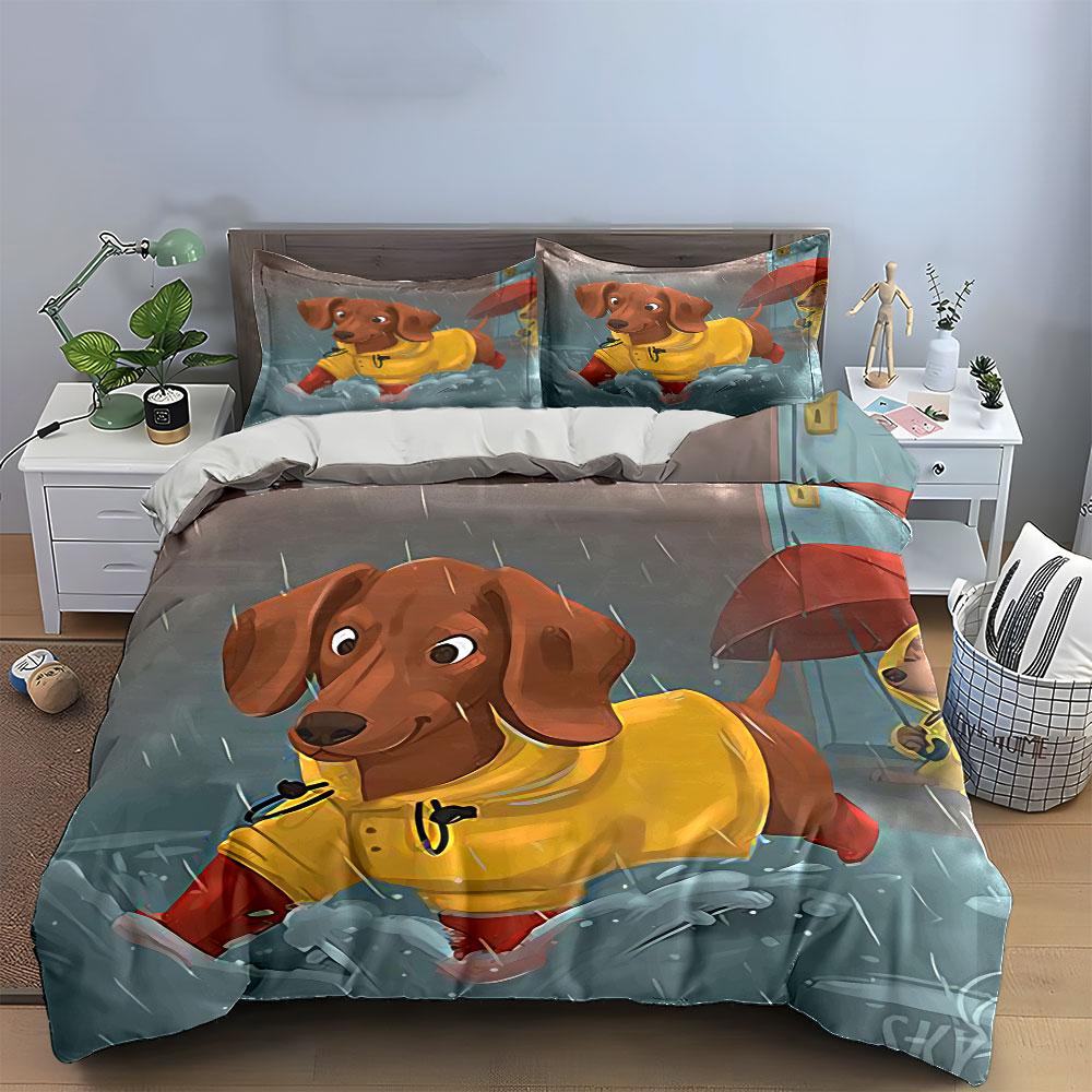 Dachshund in Yellow Raincoat Bedding Duvet Cover Set Duvet Cover Pillowcases (1*Duvet Cover 2*Pillowcases, without duvet insert)