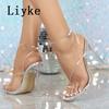 Fashion Liyke Summer Fashion Clip Square Toe Perspex Clear High Heels Sexy Women Flip Flops Sandals Jelly PVC Transparent Shoes Size 42