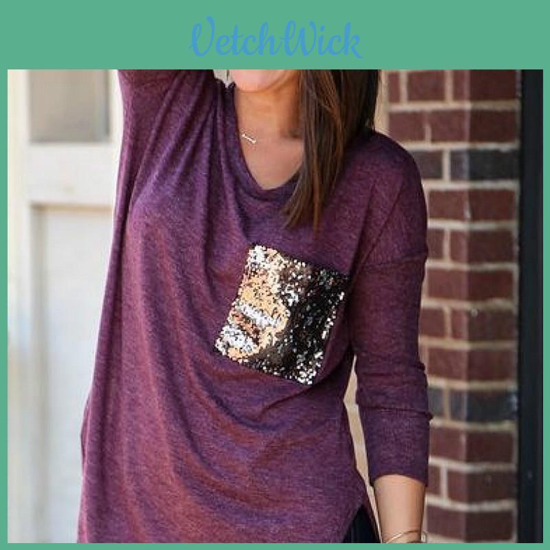Sleeved Long Tshirt Long Sleeve Blouse Tshirt Pocket Jacket Sequin Glitter
