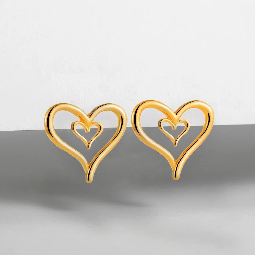 Gold Plated Hollow Double Heart Stud Earrings for Women Minimalist Minimalist Love Design Earring Daily Jewelry Gifts