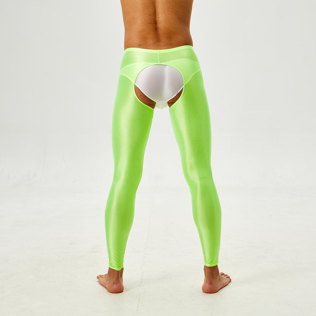 Mens Glossy Open Crotch Leggings Pants High Waist Slim Fit Tights Underwear Baselayer Pants for Nightclub Dance Wear