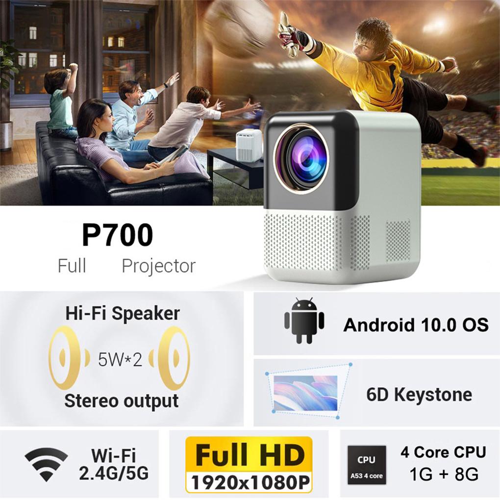 Проектор P700 4K Ultra HD 1080P Android 10 350 ANSI люмен Wi-Fi 6 BT 5.2 Автоматическая коррекция трапецеидальных искажений Подходит для дома и развлечений на открытом воздухе