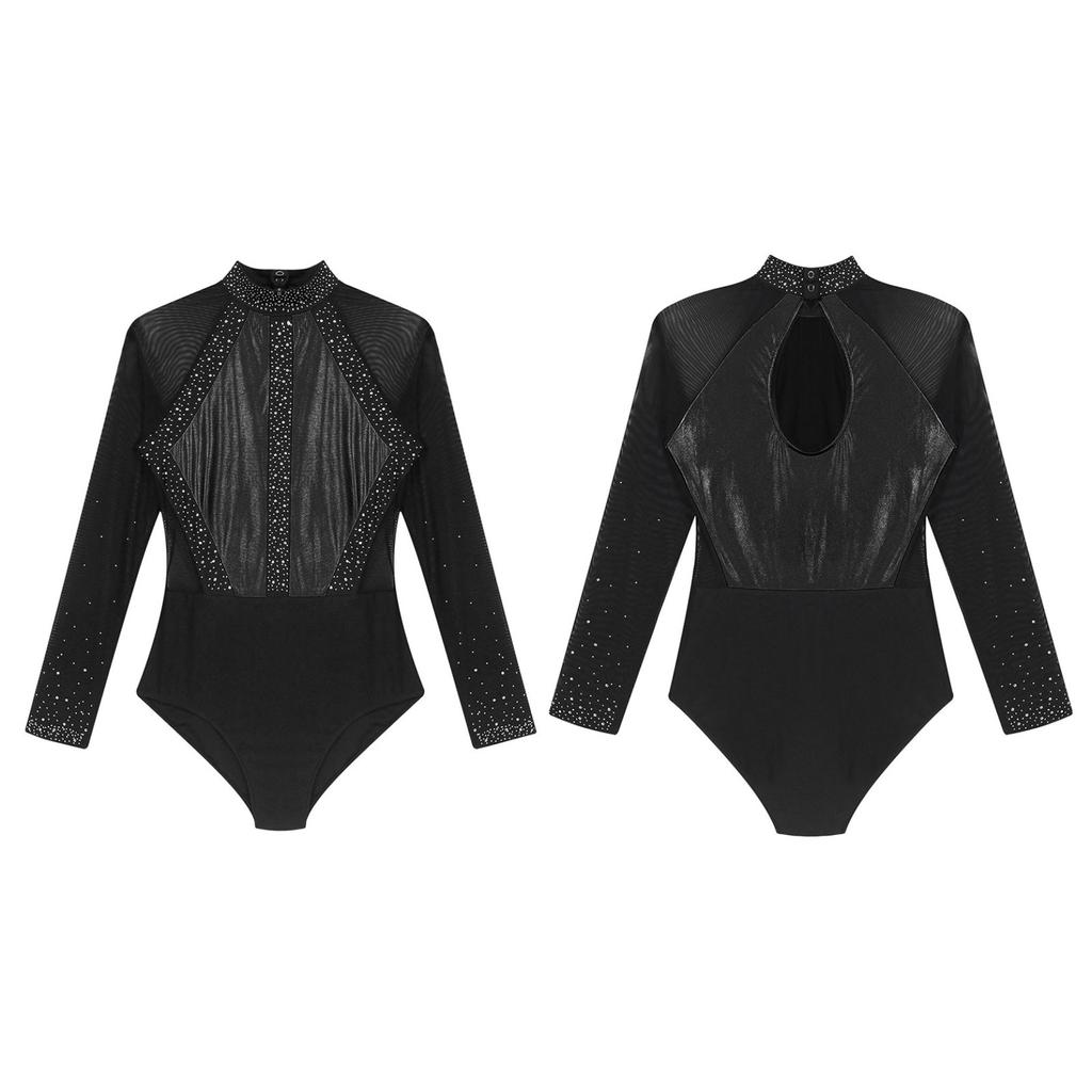 Для женщин сверкающие стразы латинский комбинезон для соревнований по гимнастике балет с длинными рукавами сетчатый боди нарядное платье для катания на коньках