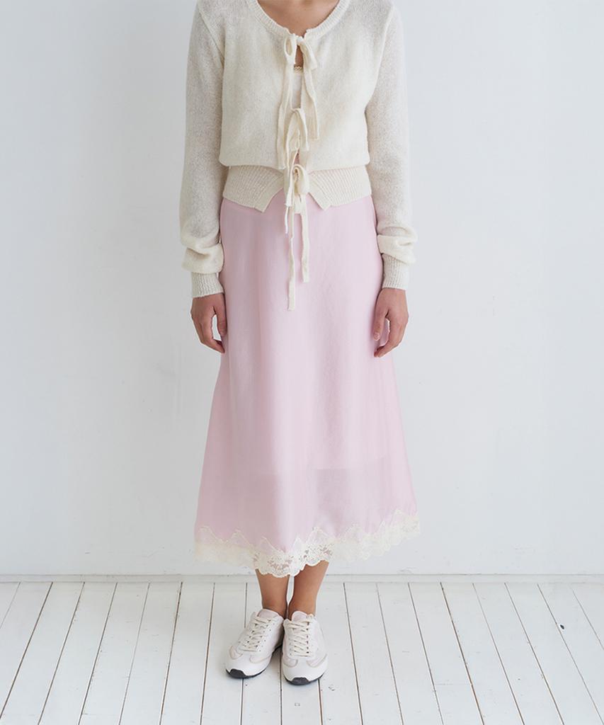 Bember Lace Trim Satin Midi Skirt_Pink