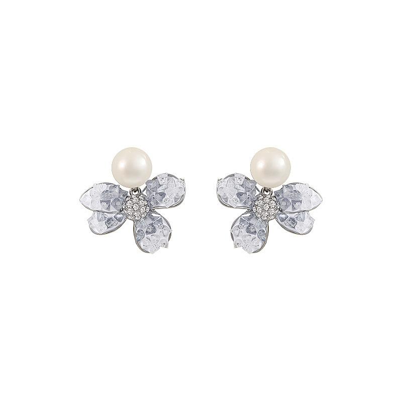 Blue Crystal Flower Pearl Earrings for Women's Light Luxury High-end Earrings