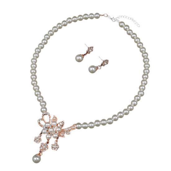 1 комплект, женское ожерелье из бисера, глянцевый искусственный жемчуг, горный хрусталь, ожерелье невесты с цветком, комплект серег-гвоздиков, свадебные украшения
