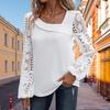 Women Spring Shirt Hollow Out See-through Lace Long Sleeve Solid Color Slant V Neck Loose Soft Casual Pullover Lady Commute Top