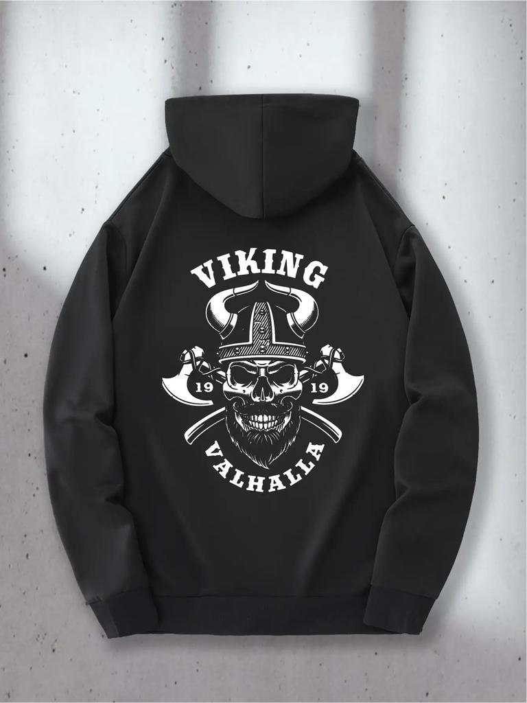 Viking Skull Letter Print Hoodie - Casual Pullover Sweatshirt with Kangaroo Pocket Adjustable Drawstring Hood Comfortable for All