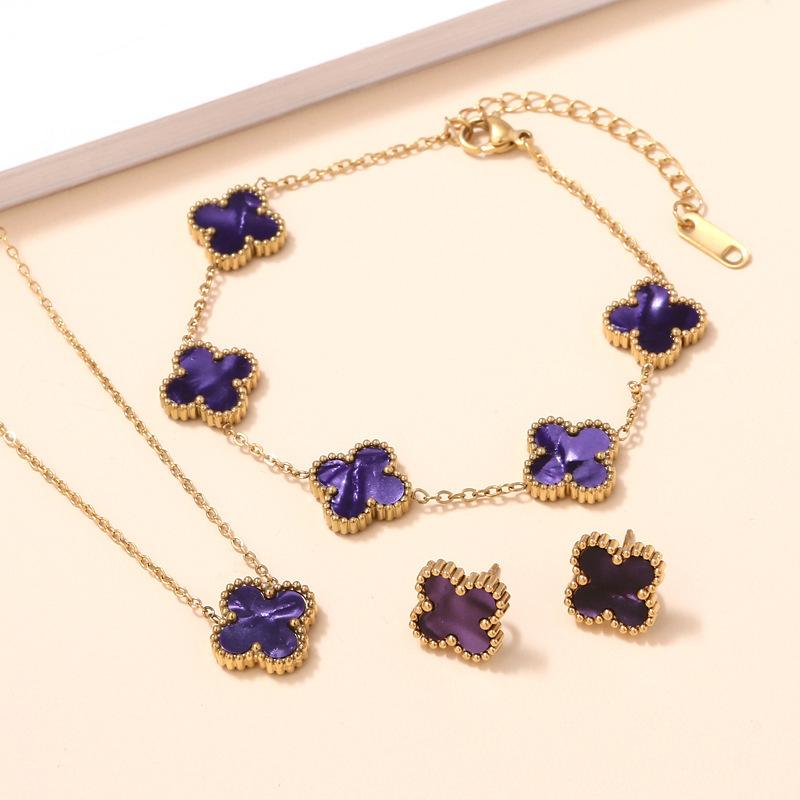 3PCS Double-sided Clover Jewelry Necklace Bracelet Earring Set