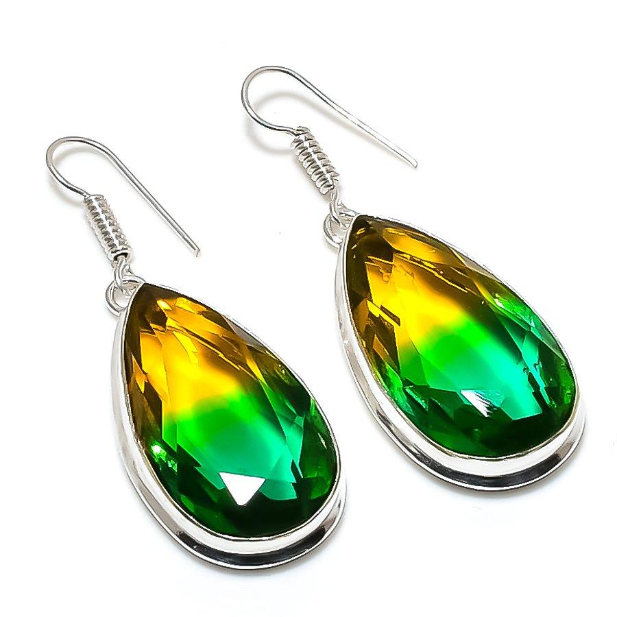 Bi-Color Tourmaline Gemstone Handmade 925 Sterling Silver Earring 1.97" H2c17