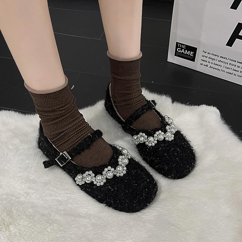 Модная осенняя новая плоская обувь одинарного фасона женская с круглым носком, мелким вырезом, линией из бусин, с мягкой подошвой, противоскользящая, низкая