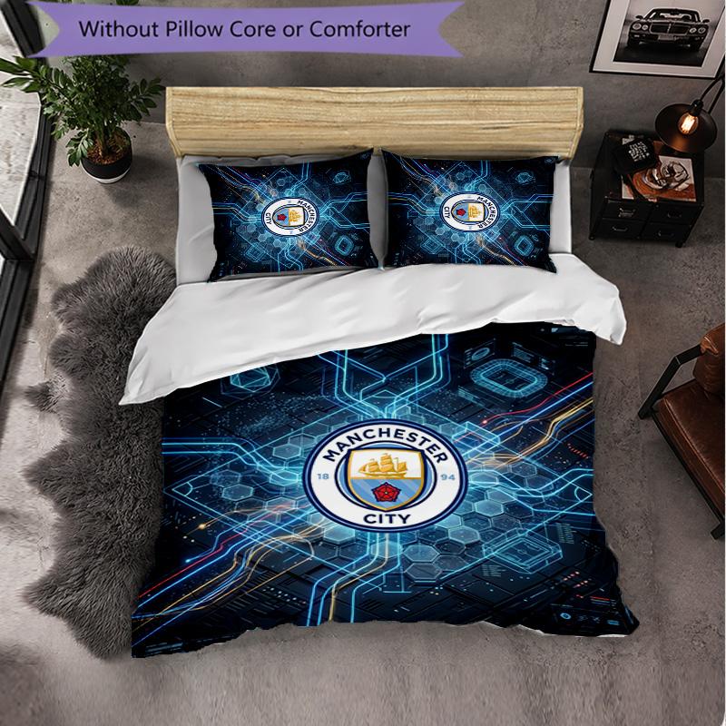 Manchester City Pattern 3 Pieces Bedding Set Soft Microfiber Duvet Cover with Pillow Cases for Bedroom