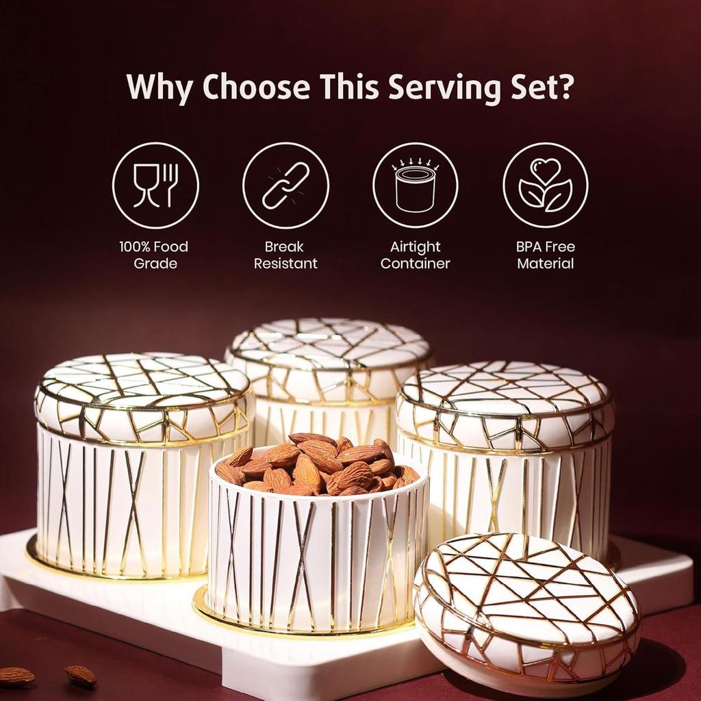 Набор герметичных контейнеров для сухофруктов Royal Linex - 4 штуки (по 450 мл каждый), Миски для закусок с подносом, Классический белый, Поднос для сервировки с мисками для закусок