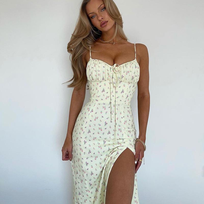 Лето 2025 г. Цветочное платье с разрезом – Женский сарафан в европейском и американском стиле