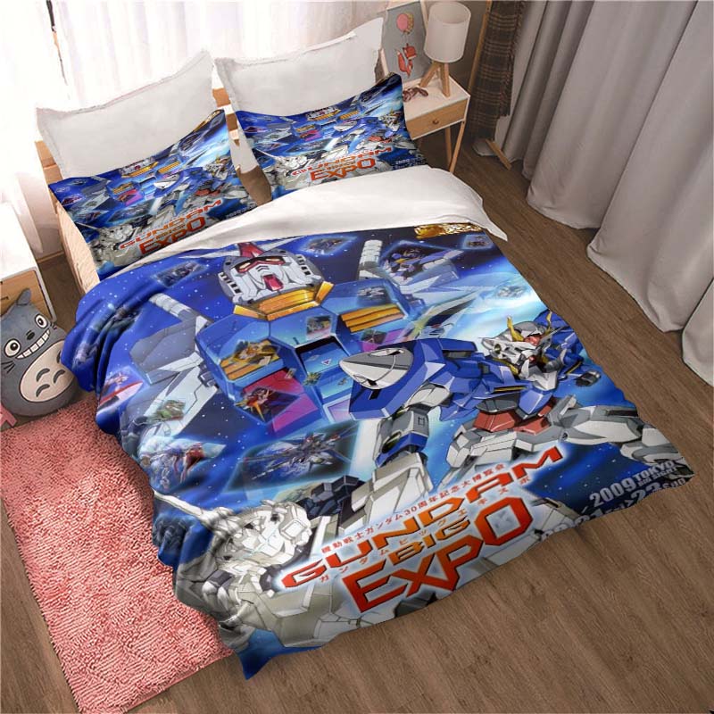 "3D Mobile Suit Gundam" anime-themed comfortable bedding set, including duvet cover, pillowcases, and children's set.