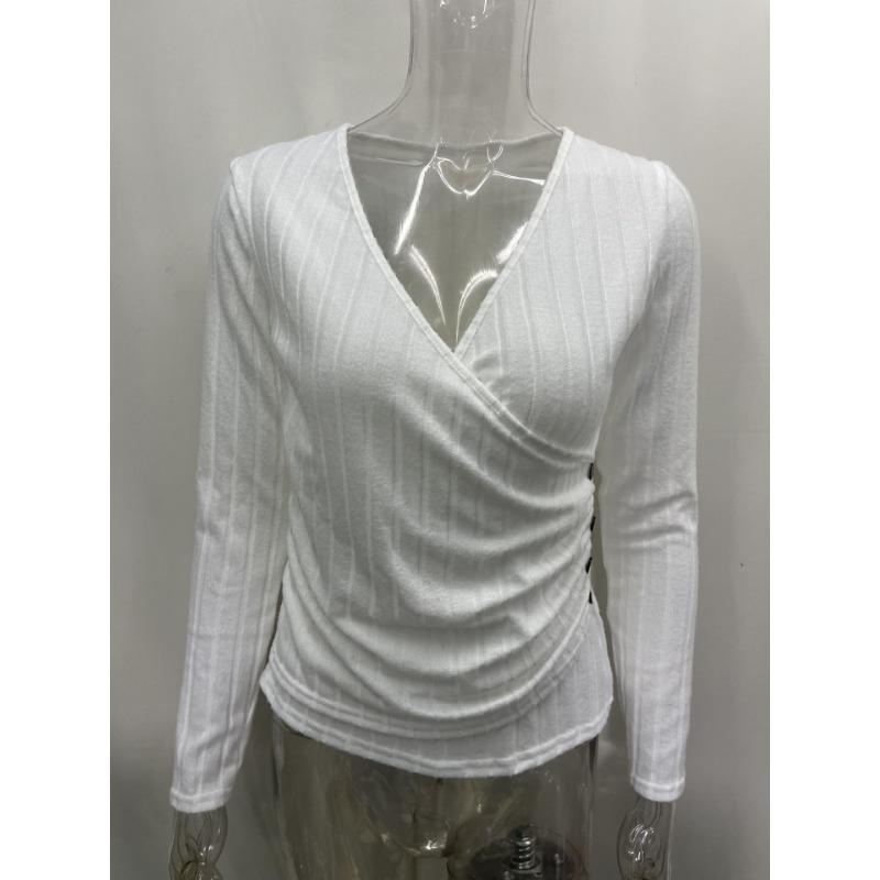 YYFS Женские модные повседневные весенне-осенние однотонные блузки и рубашки с v-образным вырезом и длинным рукавом с принтом