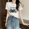 Retro Printed T-shirt for Women's Short-sleeved Summer New Design Round Neck Hollow Niche Slim Short Top
